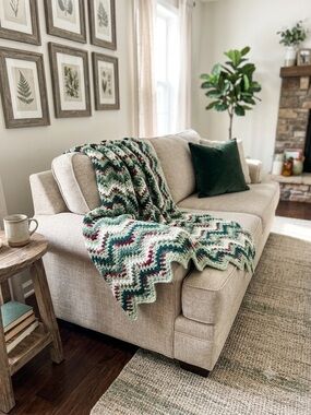 Handcrafted Crocheted Chevron Afghan / Lap Blanket Scalloped Short Edges